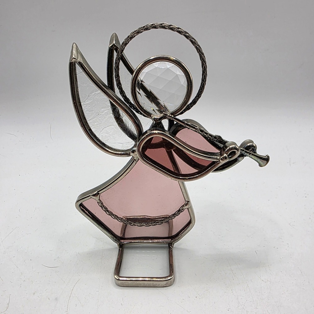Vintage 1986 Terry Stained Glass Angel Figurine Pink Crystal Head Trumpet 4.25"